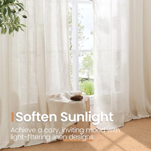 80 Inches Long Linen Semi Sheer Curtains for Bedroom (Oatmeal / 52"W x 80"L (Pack of 2))