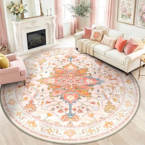 Washable Area Rug (Pink/Light Pink/Colorful / 8' (Round))