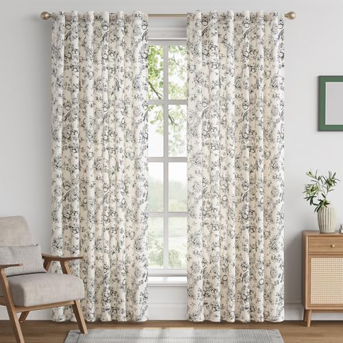 Black Floral Linen Curtains 84 Inch Vintage Back Tab 2 Panels (Black Floral on Linen / 50"W x 84"L (Pack of 2))