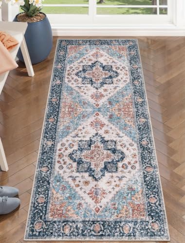 2x5 Washable Non Slip Boho Runner Rug for Hallway (Blue/Orange / 2' x 5' (Runner))