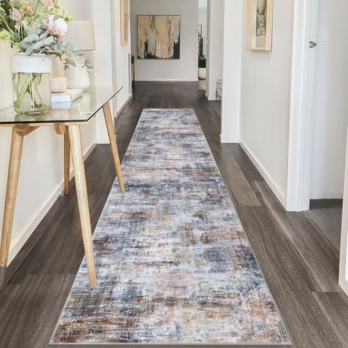Abstract Runner Rug 2x10 Ft Washable Runners for Hallways (Orange/Brown/Grey / 2' x 10' (Rectangular))