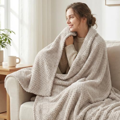 Soft Waffle Fleece Bed Blanket Queen Size (Tan / 90x90 in)