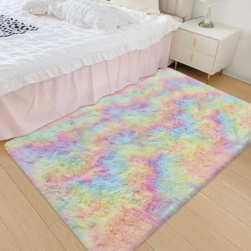 Small Fluffy Rainbow Colorful Area Rug for Girls Bedroom 3x5 Kawaii Tie Dye Rug Fuzzy Unicorn Throw Rug for Living Room Kids Nursery Baby Princess Room Living Room Home Decor Aesthetic Carpets (Tie-dyed Rainbow / 3' x 5' (Rectangular))