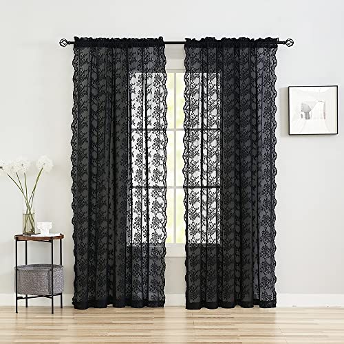 Vintage Lace Curtains 84 Inches Long (Black / 52"W x 84"L (Pack of 2))