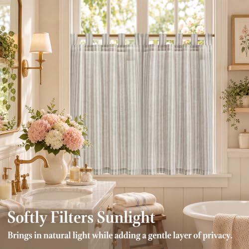 Tab Top Linen Kitchen Curtains 36 Inches Striped Tier Curtains Farmhouse Modern Cafe Style Small Window Treatments Airy Light Filtering Rod Pocket for Living Room Bathroom 2 Panels Taupe Grey (D | Taupe Grey on Beige / 26"W x 36"L (Pack of 2))