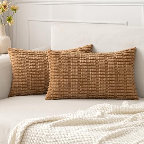 Lumbar Corduroy Decorative Throw Pillow Covers 12x20 Brown Pack of 2 (Brown / 20" x 12" (Pack of 2))