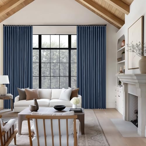 Dark Blue Pinch Pleated 100% Blackout Linen Bedroom Curtains 96 Inch Length (Navy / 40"W x 96"L (Pack of 2))