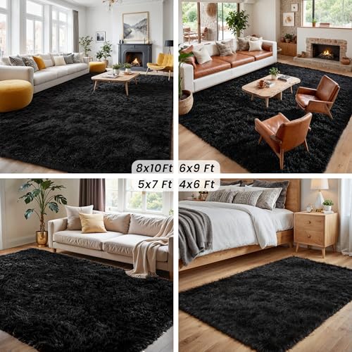 6x9 Fluffy Shag Area Rugs for Living Room Bedroom (Black / 6' x 9' (Rectangular))