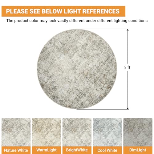 Round Rug 5ft Washable Rug for Dining Room Living Room Beige Brown (Beige/Brown / 5' (Round))