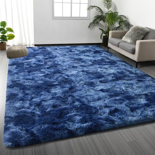 Shag Area Rug (Tie-dyed Navy Blue / 4' x 6' (Rectangular))