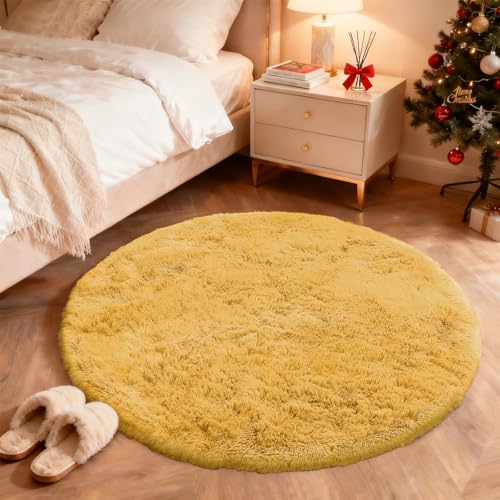 Mustard Yellow Round Rugs for Bedroom (4 Ft Round / Mustard Yellow)