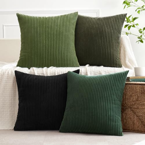 Soft Corduroy Decorative Throw Pillow Covers Neutral Green 18x18 (18" x 18" (Pack of 4) / Green-black)