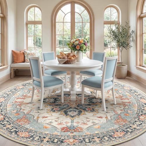 Washable Area Rug (Beige/Blue/Orange / 8' (Round))