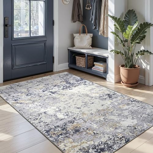 4x6 Washable Non Slip Abstract Area Rugs for Bedroom Living Room (Blue White Gold / 4' x 6' (Rectangular))