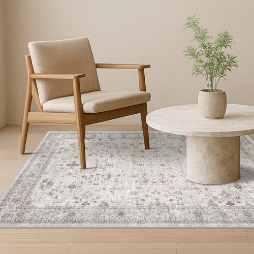 Washable Boho 4x6 Living Room Rug (4' x 6' (Rectangular) / Light Gray / Sage)