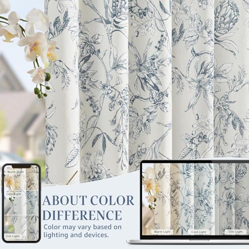 Blue Floral Linen Curtains 96 Inch Vintage Back Tab 2 Panels (Flower Blue on White / 50"W x 96"L (Pack of 2))