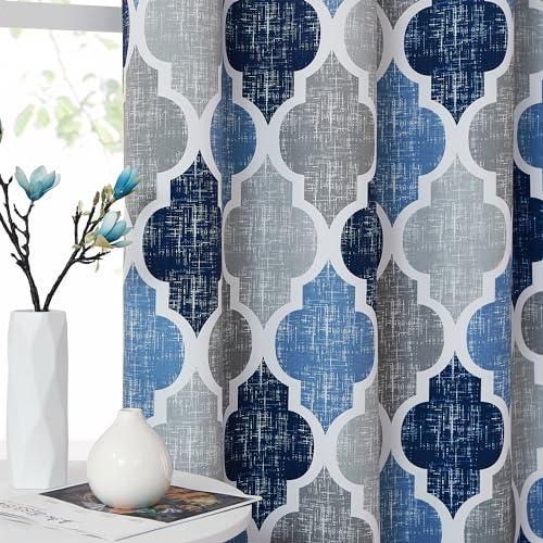 Moroccan 100% Blackout Curtains Bedroom Blue Grey 50x72 2 Panels (Grommet | Blue and Grey / 50"W x 72"L (Pack of 2))