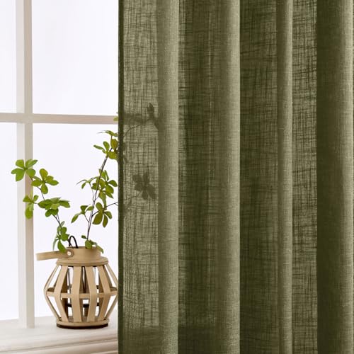 Light Olive Green Linen Curtains 52x90 Inch Long 2 Panel for Bedroom (52"W x 90"L (Pack of 2) / Light Olive Green)