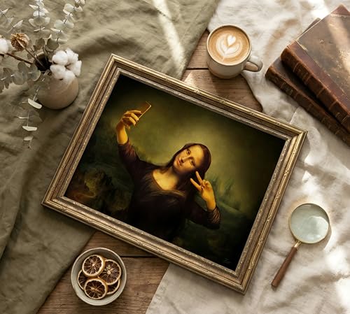 Vintage Gold Frame Funny Mona Lisa Selfie Canvas Wall Art 9x11in (Mona Lisa Selfie / 11"L x 9"W)