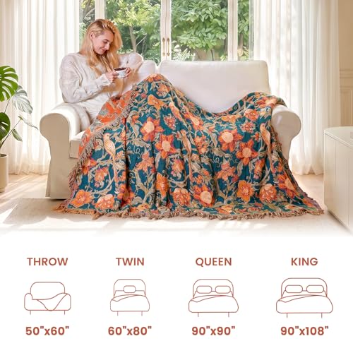 Boho Throw Blanket 50"x60" Cotton Bird Floral Blanket for Couch (Floral and Birds / 50"x60")