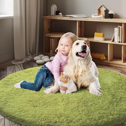 Grass Green Round Shag Area Rug for Bedroom (Grass Green / 3' (Round))