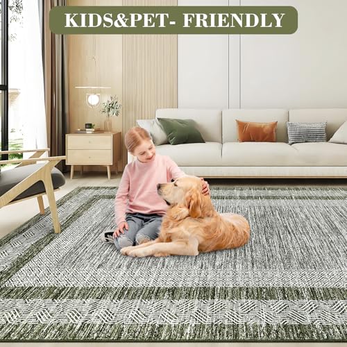 9x12 Large Modern Area Rug Bordered Non Shedding Floor Carpet (Green / 9' x 12' (Rectangular))