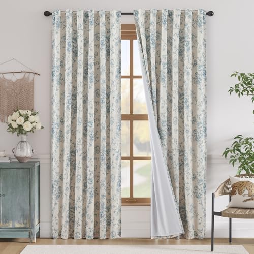 Floral Linen Blackout Curtains for Bedroom 90 Inches Long (Blue / 50"W x 90"L (Pack of 2))