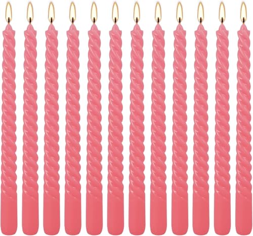 10 Inch Pink Spiral Taper Candle Set of 12 Pack Unscented Dripless Candlesticks for Valentine's Day (12 Pink)
