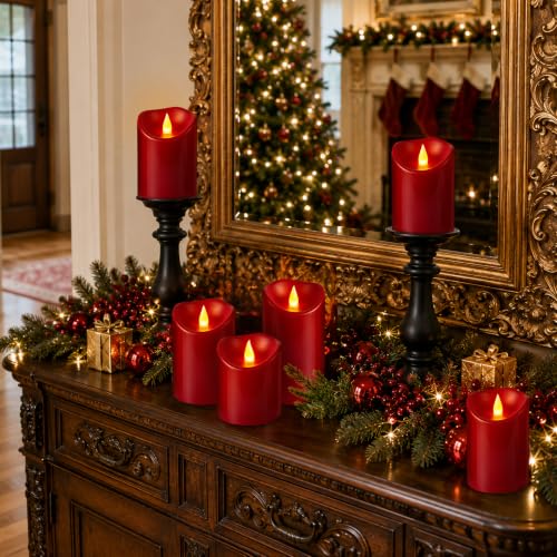 Flameless Candles 4" 5" 6" Set of 3 Outdoor Indoor Burgundy Pillars Battery Operated Flickering Candles with Cozy Climbing Flame Effect (Burgundy Candle - Moving Flame / 3"D X 4"|5"|6"H - 3 Pack)