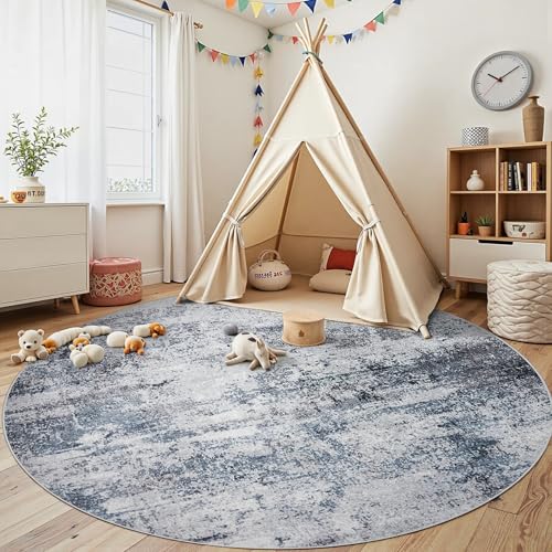 Round Rug 8ft Washable Rug for Dining Room Living Room Blue Grey (Blue/Grey / 8' (Round))