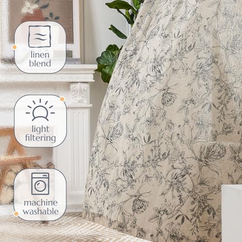 Black Floral Linen Curtains 96 Inch Vintage Back Tab 2 Panels (Flower Black on Beige / 50"W x 96"L (Pack of 2))
