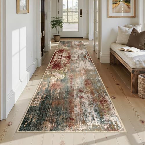 Washable Runner 3'x12' Abstract Area Rug for Hallway Rustic Brown (Rust Red/Green/Blue/Multi / 3' x 12' (Runner))