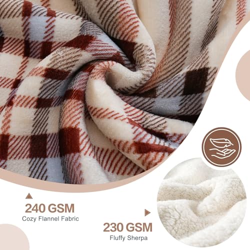 Sherpa Fleece Throw Blanket 80" x 90" Reversible Plush Fluffy Large Big Blanket Lattice Flannel Blankets for All Season Use (Beige Stripe / 80"*90")