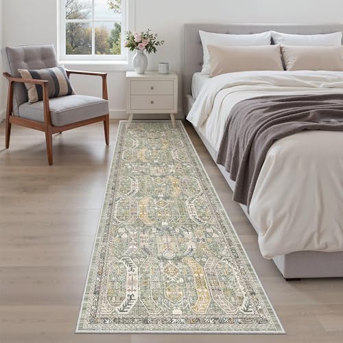 Hallway Runner Rug 2x8 Washable Kitchen Rugs Non (Green/Gold / 2' x 8' (Runner))