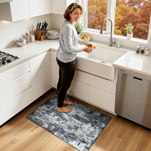 Washable 2'x3' Abstract Area Rug for Living Room Black White (Black/Navy Blue/Gray / 2' x 3' (Rectangular))