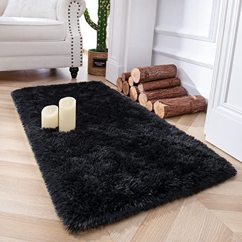 Soft Runner Rug for Bedroom Living Room Plush Fluffy Rugs 2x4 (Black / 2' x 4' (Runner))
