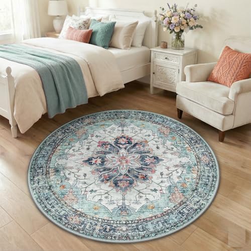 Washable Area Rug (Teal Green/White/Navy / 4' (Round))