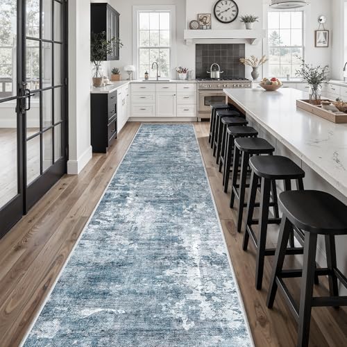 Hallway Runner Rug 2'6" x 16' Kitchen Rugs Abstract Blue (Blue/Grey / 2'6" x 16' (Runner))