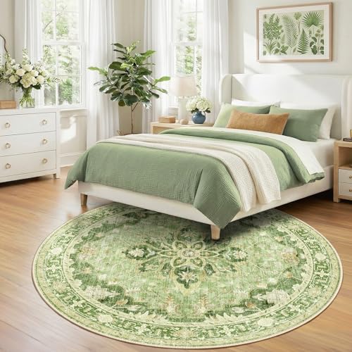 Washable Area Rug (Green/Yellow / 8' (Round))