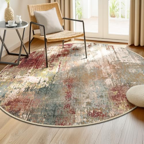 Washable Round 6ft Area Rug for Living Room Rustic Brown (Rust Red/Green/Blue/Multi / 6' (Round))