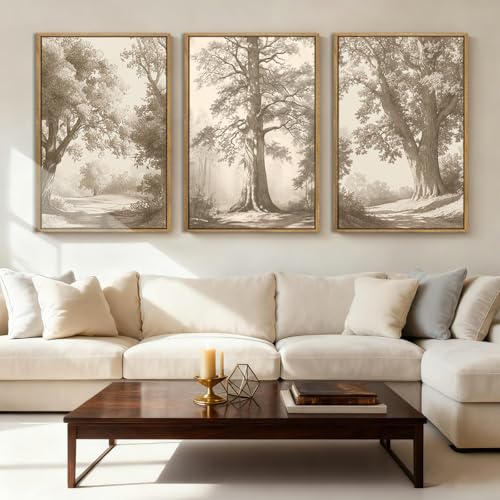 Vintage Tree Canvas Wall Art Framed Rustic Tree Landscape Sketch Antique Painting Neutral Forest Wall Decor 16x24 Inch Farmhouse Botanical Set of 3 for Living Room Bedroom (Vintage Tree / 24"L x 16"W)