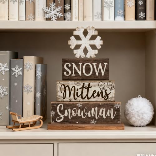 4 Pcs Wooden Snowman Block Signs Farmhouse Table Decoration (Snowflake Snowman)