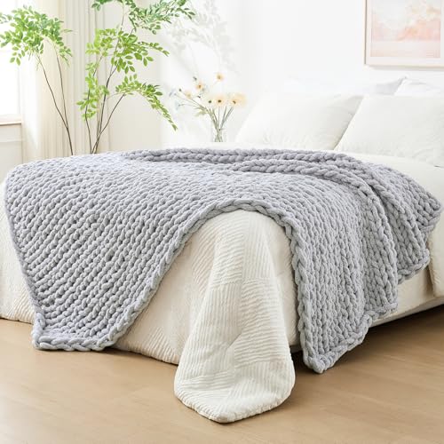 Chunky Knit Throw Blanket for Couch (Light Grey W/ a Little Bit Purple / 51"x63" (Large Size Throw）)