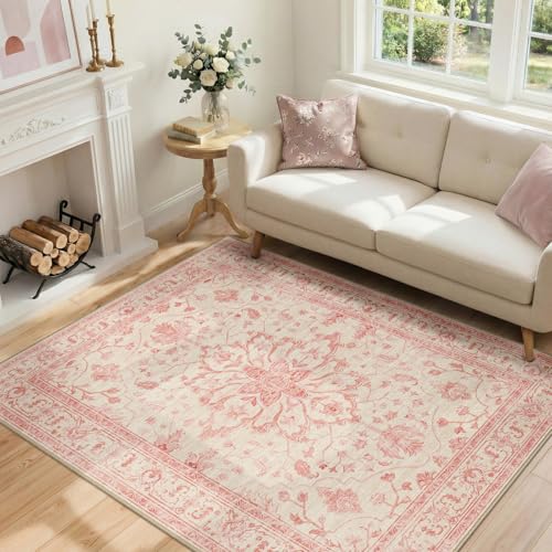 Washable Area Rug (Pink/Light Vintage Pink / 4' x 6' (Rectangular))