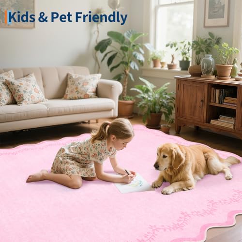 Large Round Rug 8ft Scalloped Washable Circle Living Room Rug (Pink / 8' (Round))