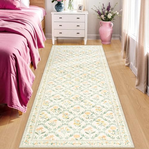2x6 Washable Runner Rug：Floral Indoor Kitchen Carpet Beige Multi (Beige/Multi / 2' x 6' (Runner))