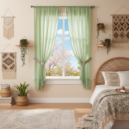 Boho Lace Curtains 63 Inches 2 Panel (59"W x 63"L (Pack of 2) / Grass Green)