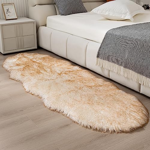Faux Fur Sheepskin Runner Rug White Yellow 2x6 ft Ultra Soft Shaggy Plush Fluffy Fuzzy Area Carpet Decorative Chair Cover Floor Mat for Bedroom Sofa Living Room Bedside (White and Yellow / 2' x 6' (Runner))