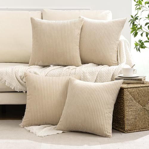 Soft Corduroy Decorative Throw Pillow Covers Beige 18x18 (18" x 18" (Pack of 4) / Beige)
