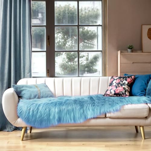 Ultra Soft Faux Sheepskin Fur Rug 2x6 Feet Fluffy Rug for Bedroom (2' x 6' (Sheepskin) / Sky Blue)